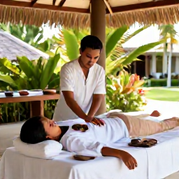 Caribbean Holidays, February Wellness, Luxury Caribbean spa treatment in a bright open-air pavilion, tropical garden, natural materials, therapist preparing a soothing massage
