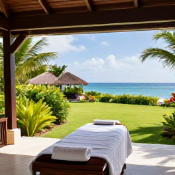 Caribbean Holidays, February Wellness, Luxury Caribbean spa treatment in an open-air pavilion overlooking a tropical garden and the sea in Antigua