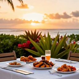 Caribbean Holidays, February Wellness, Outdoor table at a relaxed Turks and Caicos restaurant at sunset, fresh seafood, tropical plants and a peaceful island dining scene