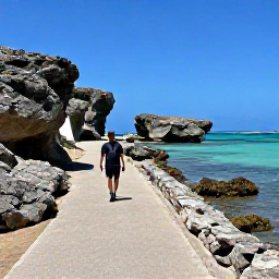 Caribbean Holidays, February Wellness, Outdoor wellness scene in Cura&ccedil;ao with a visitor walking along a quiet coastal path beside clear Caribbean water and rugged rock formations