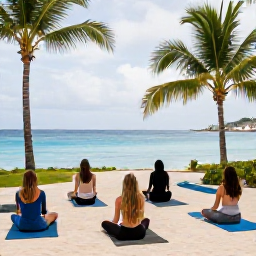 Caribbean Holidays, February Wellness, Outdoor yoga class overlooking a Caribbean beach in Saint Martin, with mats, palm trees and calm blue sea
