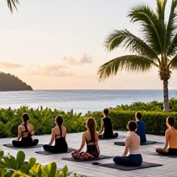 Caribbean Holidays, February Wellness, Outdoor yoga class overlooking the Caribbean Sea on St John, tropical greenery, wooden deck, soft morning sunlight and peaceful atmosphere