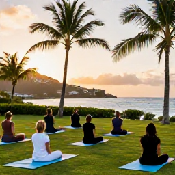 Caribbean Holidays, February Wellness, Outdoor yoga session overlooking a Caribbean bay on Saint Martin, with palm trees, mats and peaceful sunrise light