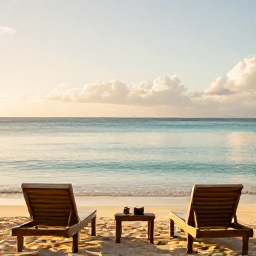 Caribbean Holidays, February Wellness, Peaceful Caribbean beach at sunrise in February, calm turquoise water, soft golden light, comfortable sun loungers and a relaxed holiday atmosphere