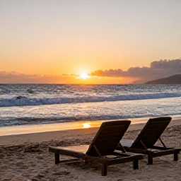 Caribbean Holidays, February Wellness, Peaceful Caribbean sunset viewed from a quiet beach on Nevis, with two comfortable loungers, soft waves and warm evening light