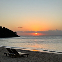 Caribbean Holidays, February Wellness, Peaceful sunset over a secluded Antigua beach with warm sky, calm waves and two empty loungers