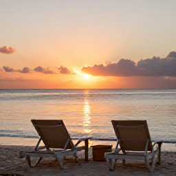 Caribbean Holidays, February Wellness, Peaceful sunset over the Caribbean Sea from a Saint Kitts beach, with two loungers, warm evening light and a tranquil holiday mood