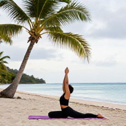Caribbean Holidays, February Wellness, Person enjoying a gentle yoga session beside a tropical beach in Saint Vincent and the Grenadines, palm trees and calm sea in the background