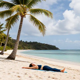 Caribbean Holidays, February Wellness, Person enjoying a peaceful yoga session on a quiet British Virgin Islands beach, palm trees and calm sea in the background