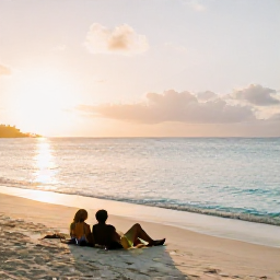 Caribbean Holidays, February Wellness, Quiet Antigua beach at sunrise with calm turquoise water, soft golden light and a couple relaxing on the sand