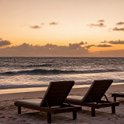 Caribbean Holidays, February Wellness, Quiet Caribbean beach at sunset with two comfortable loungers, gentle waves, warm evening colours and an intimate relaxing atmosphere