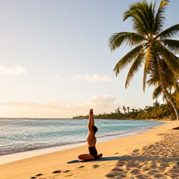 Caribbean Holidays, February Wellness, Quiet golden beach on Saint Kitts with calm turquoise water, palm trees and a person practising gentle yoga at sunrise