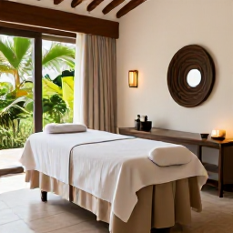 Caribbean Holidays, February Wellness, Quiet spa treatment room in a British Virgin Islands resort, natural materials, tropical greenery and soft sunlight