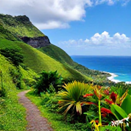 Caribbean Holidays, February Wellness, Scenic coastal walking trail on Saint Vincent, lush green hills, tropical plants and views across the Caribbean Sea