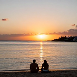 Caribbean Holidays, February Wellness, Sunset over a calm Caribbean bay between Saint Martin and Sint Maarten, with a couple sitting quietly on the shore