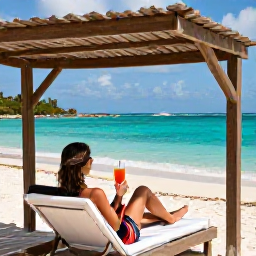 Caribbean Holidays, February Wellness, Traveller relaxing in a shaded beach cabana beside the clear turquoise water of Grace Bay, Turks and Caicos, with a fresh drink and tropical surroundings