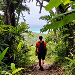 Caribbean Holidays, February Wellness, Traveller walking through a lush rainforest trail on Mount Liamuiga in Saint Kitts, with tropical foliage and distant sea views
