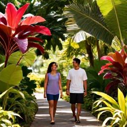 Caribbean Holidays, February Wellness, Travellers walking through a quiet Caribbean botanical garden, tropical plants, shaded path, relaxed wellness holiday atmosphere
