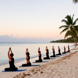 Caribbean Holidays, February Wellness, Visitors doing gentle yoga on a beach at sunrise in Turks and Caicos, calm sea, pale sky and tropical surroundings