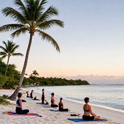 Caribbean Holidays, February Wellness, Visitors practising yoga at sunrise on a quiet sandy beach on St John, surrounded by palm trees and calm Caribbean water