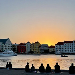 Caribbean Holidays, February Wellness, Warm February sunset over Willemstad, Cura&ccedil;ao, with colourful waterfront buildings, calm harbour water and people enjoying a relaxed evening