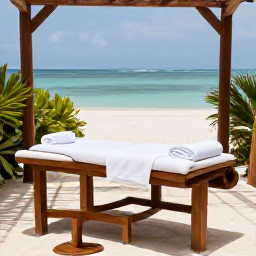 Caribbean Holidays, February Wellness, Wellness treatment beside an Aruba beach, natural wood furnishings, tropical plants, towels and a calm blue sea in the background