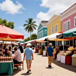Caribbean Holidays, February Wine Holidays, Couple exploring a Caribbean market and historic town after a wine tasting, with colourful buildings and palm trees