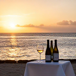 Caribbean Holidays, February Wine Holidays, Elegant Caribbean sunset wine tasting beside the sea, with a small table, local bottles and soft golden light