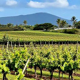 Caribbean Holidays, February Wine Holidays, Sunlit Caribbean vineyard landscape in February, with rows of vines, tropical greenery and distant blue hills