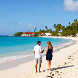 Caribbean Holidays, February Wine Tasting, A couple exploring the beaches and scenic coastline of Saint Martin and Sint Maarten in February, with turquoise water, palm trees and a clear blue sky