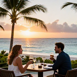 Caribbean Holidays, February Wine Tasting, A couple relaxing on a Caribbean terrace after wine tasting, with sunset, palm trees and calm turquoise sea