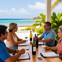 Caribbean Holidays, February Wine Tasting, A group enjoying a guided wine tasting on a sunny Caribbean terrace overlooking the sea, with bottles, tasting notes and tropical scenery