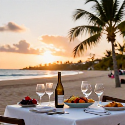 Caribbean Holidays, February Wine Tasting, A relaxed outdoor wine tasting table beside a Cura&ccedil;ao beach at sunset, with wine glasses, local food and colourful tropical surroundings