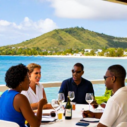 Caribbean Holidays, February Wine Tasting, A relaxed wine tasting on a sunny Caribbean terrace overlooking the blue sea and green hills of Saint Kitts