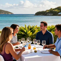Caribbean Holidays, February Wine Tasting, A relaxed wine tasting table overlooking a sunny Caribbean bay on Saint Thomas in the United States Virgin Islands