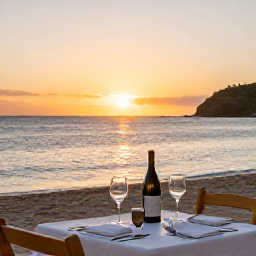 Caribbean Holidays, February Wine Tasting, A romantic sunset dinner on a Caribbean beach in Saint Martin, with a bottle of wine, two glasses and a calm sea beyond