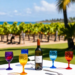 Caribbean Holidays, February Wine Tasting, A sunny February vineyard and wine tasting table on a Caribbean island, with colourful glasses, tropical foliage and a relaxed coastal atmosphere