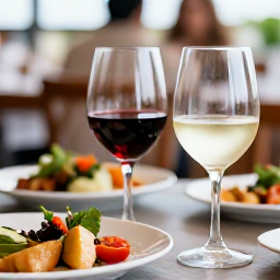 Caribbean Holidays, February Wine Tasting, Close-up of red and white wine glasses beside Caribbean dishes at a relaxed restaurant in Port of Spain