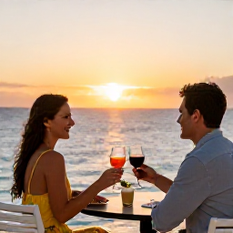 Caribbean Holidays, February Wine Tasting, Couple enjoying sunset drinks beside the Caribbean sea at a stylish Saint Kitts hotel