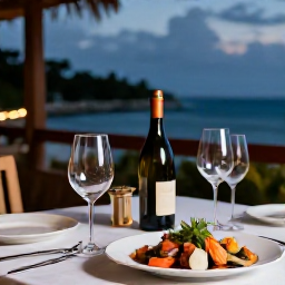 Caribbean Holidays, February Wine Tasting, Elegant Cura&ccedil;ao restaurant table with several wine glasses, bottles and beautifully presented Caribbean seafood at dusk