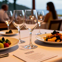 Caribbean Holidays, February Wine Tasting, Elegant restaurant table in Trinidad with wine glasses, tasting notes, Caribbean dishes and warm evening lighting