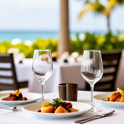 Caribbean Holidays, February Wine Tasting, Elegant wine glasses and Caribbean dishes arranged on a shaded restaurant table in Saint Kitts