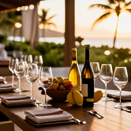 Caribbean Holidays, February Wine Tasting, Elegant wine tasting table at a Caribbean resort in Trinidad and Tobago, with wine glasses, bottles, tropical fruit and warm February sunlight