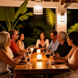Caribbean Holidays, February Wine Tasting, Friendly evening wine tasting in Cura&ccedil;ao with travellers gathered around a rustic table, tropical plants and warm lantern light