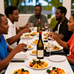 Caribbean Holidays, February Wine Tasting, Friendly wine tasting group enjoying a relaxed evening in Trinidad and Tobago, with Caribbean-inspired dishes and bottles on a table