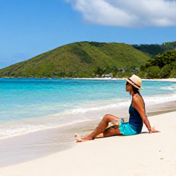 Caribbean Holidays, February Wine Tasting, Traveller enjoying a scenic February day on a Tobago beach with turquoise water, green hills and a glass of wine nearby