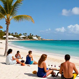 Caribbean Holidays, February Wine Tasting, Travellers relaxing at a sunny Cura&ccedil;ao beach after a wine tasting, with turquoise water, palm trees and comfortable February weather