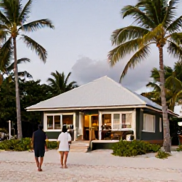 Caribbean Holidays, February Wine Tasting, Tropical Tobago beach with a small elegant hotel, palm trees and a couple walking towards an evening wine tasting
