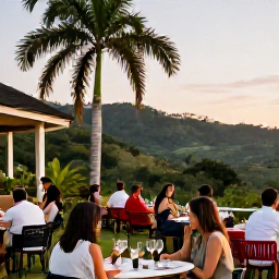 Caribbean Holidays, February Wine Tasting, Visitors enjoying a relaxed outdoor wine tasting on a Trinidad terrace, with palm trees, green hills and soft evening light