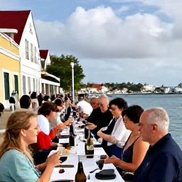 Caribbean Holidays, February Wine Tasting, Visitors enjoying an outdoor wine tasting beside a historic waterfront street in Charlotte Amalie, Saint Thomas